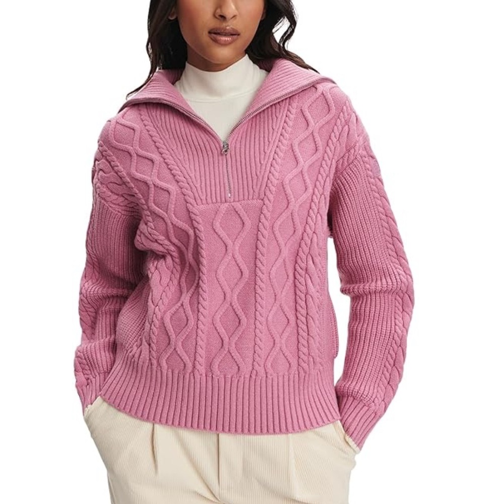 Varley Didi Relaxed Cable Half-Zip Mauve Cowl Neck Sweater